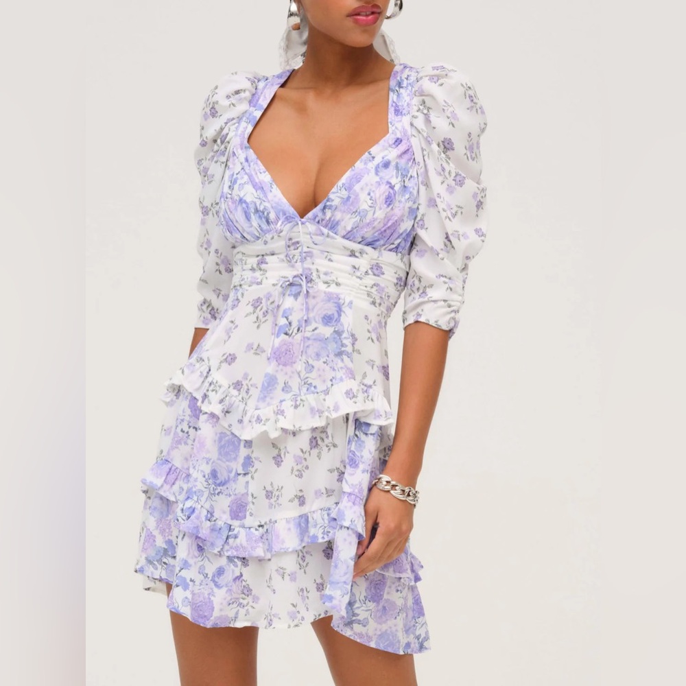 For Love and Lemons Rosalyn Mini Dress Lavender Floral Ruffle Dress Size Small